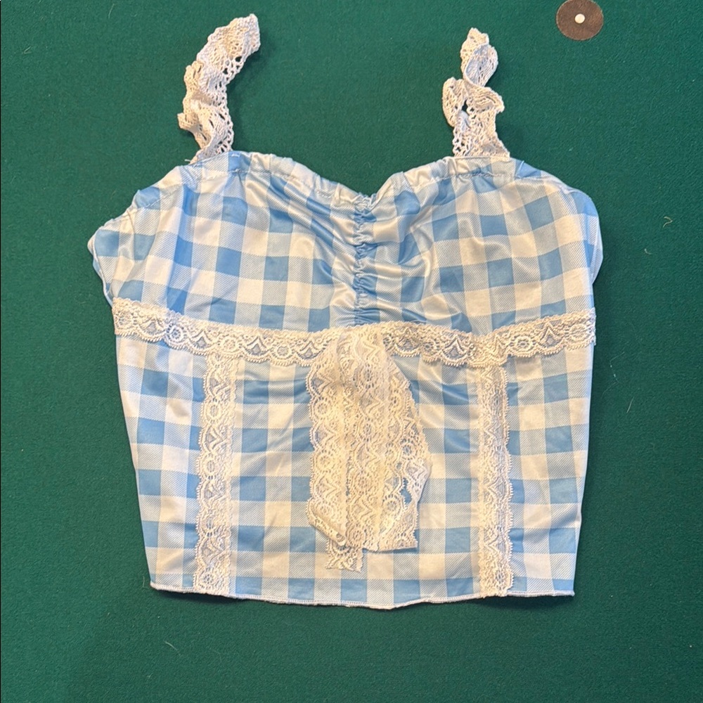 Blue Gingham Lace Trim Top